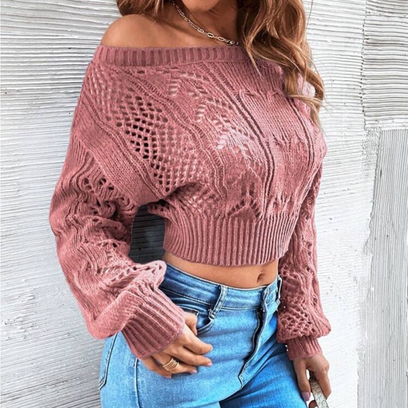 Luxe Sheer Crochet Knit Drop Shoulder Cropped Sweater Top Black - Picture 16 of 16